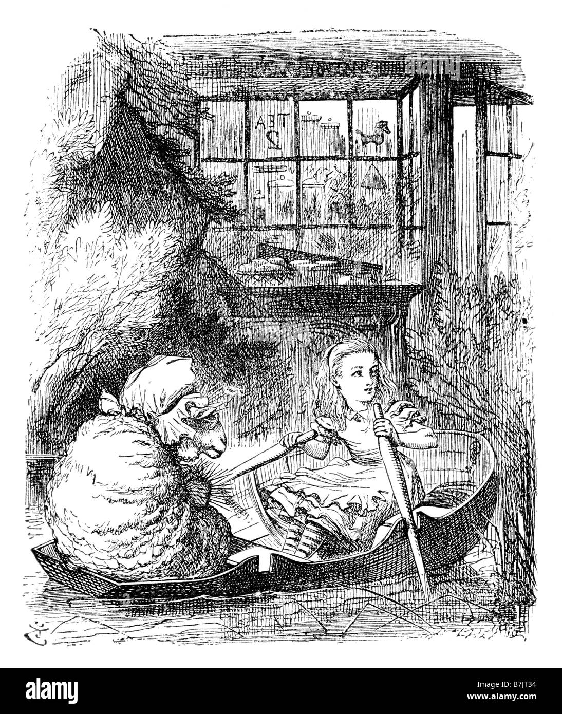 Alice in das Ruderboot mit den Schafen Alice durch den Spiegel-Illustration von Sir John Tenniel 1820 bis 1914 Stockfoto