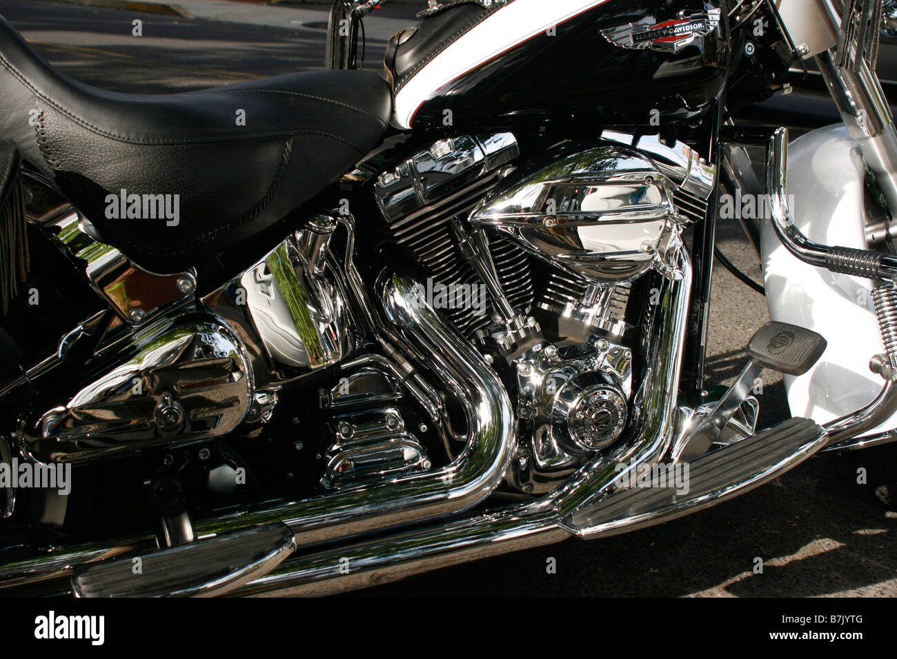 Nahaufnahme zeigt ein Harley Davidson Motorrad Teile. Stockfoto