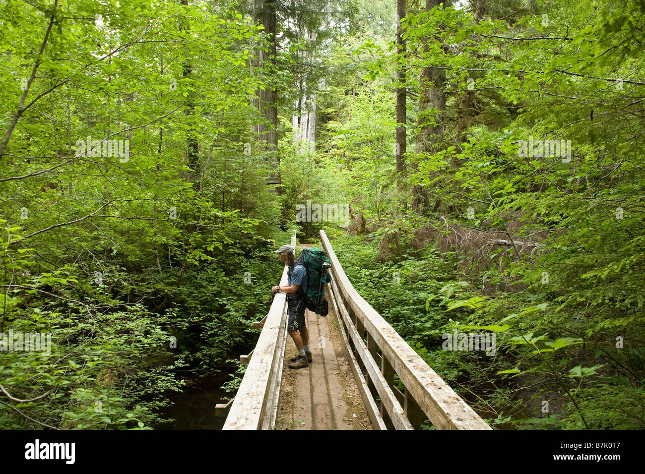 BRITISH COLUMBIA - Wanderer auf der Cape Scott-North Coast Trail am Nordende von Vancouver Island. Stockfoto