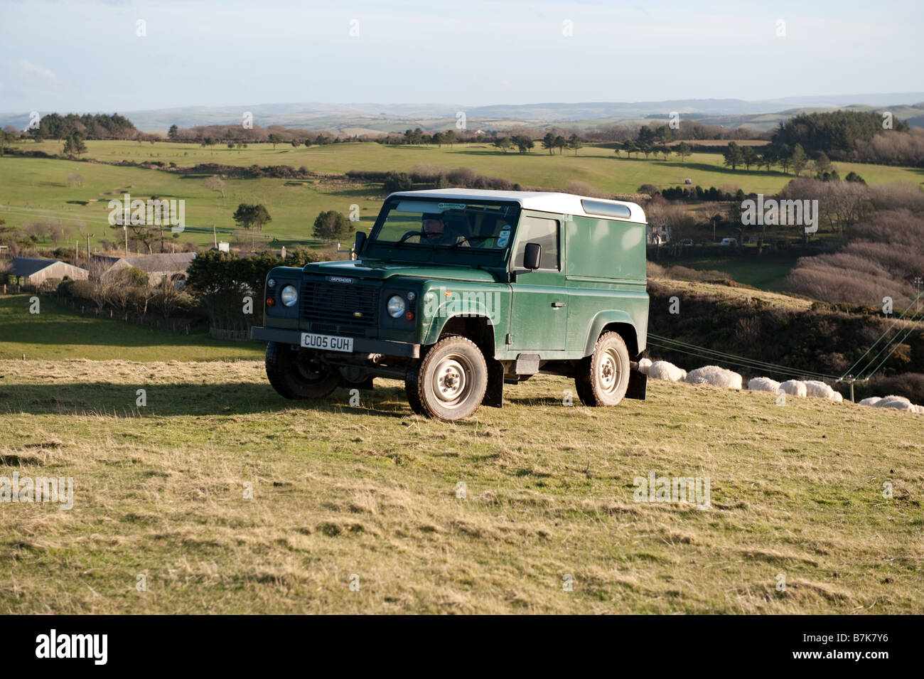 Ein Bauer fährt seine 4 x 4 Landrover Betriebsfahrzeuges auf seinem Gebiet Wales UK seine Schafe zu füttern Stockfoto