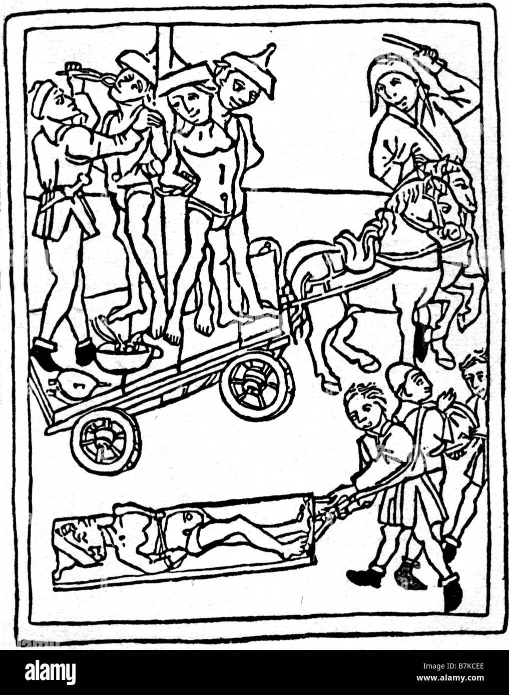 SPANISCHE INQUISITION 1475 Holzschnitt zeigt Juden, die ja die Inquisiion in Granada nach Anklage der Hexerei gefoltert Stockfoto