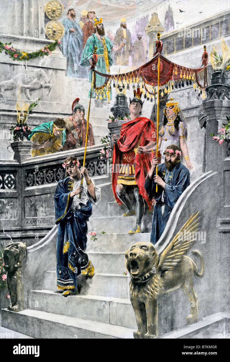Hochzeit von Alexander dem Großen und Roxane. Hand - farbige Holzschnitt Stockfoto