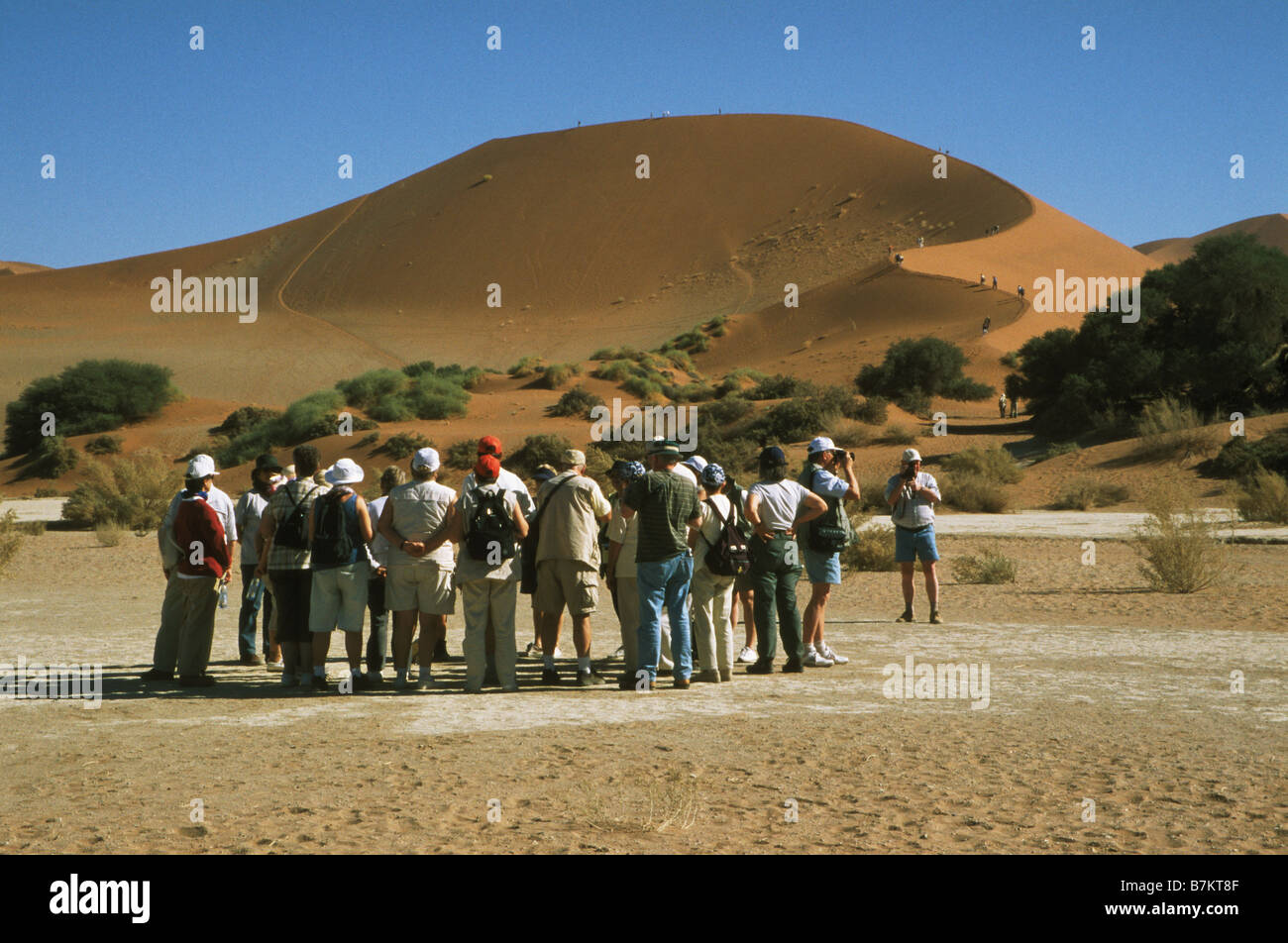 Eine Gruppe von Touristen hören ein Leitfaden im Sossusvlei in Namibia Stockfoto
