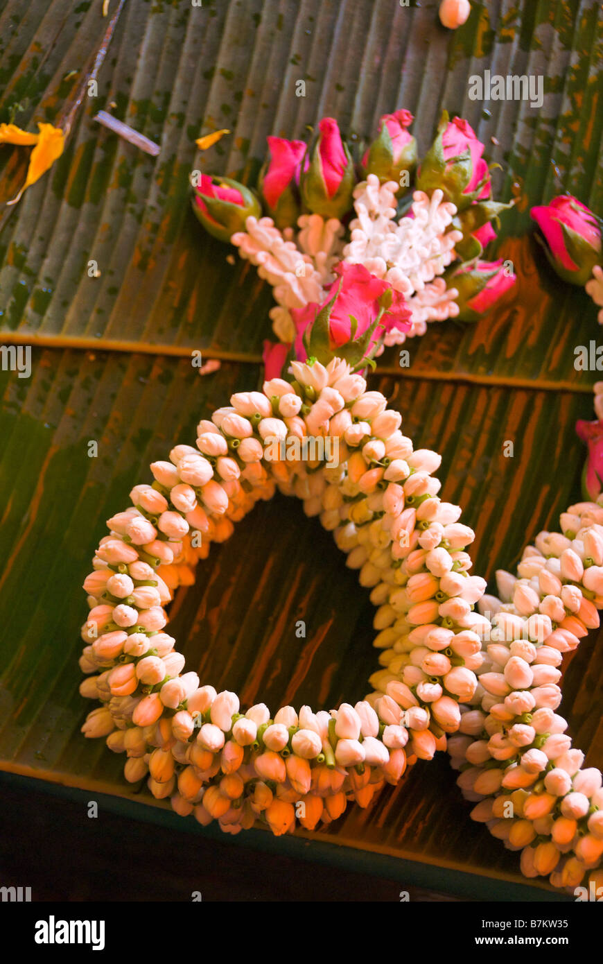 Devotional Jasminblüte anbieten zum Verkauf auf einen Stand auf Pak Khlong Talad Blumenmarkt Bangkok Thailand Stockfoto