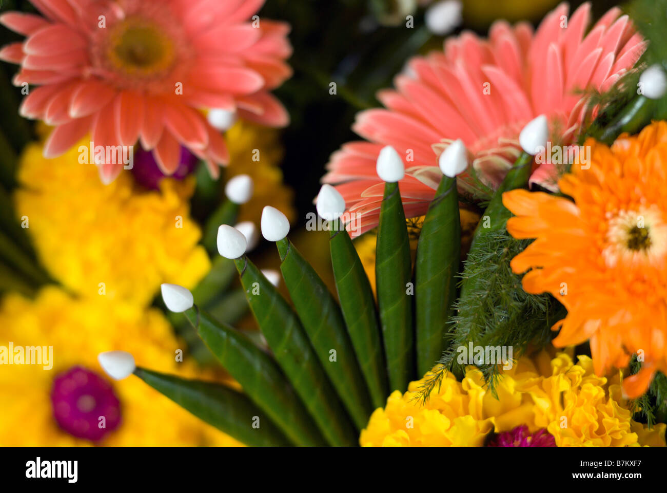 Detail der gemacht frisch devotional Blume anbieten zum Verkauf auf einen Stand auf Pak Khlong Talad Blumenmarkt Bangkok Thailand Stockfoto