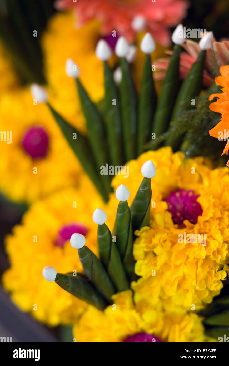 Detail der gemacht frisch devotional Blume anbieten zum Verkauf auf einen Stand auf Pak Khlong Talad Blumenmarkt Bangkok Thailand Stockfoto