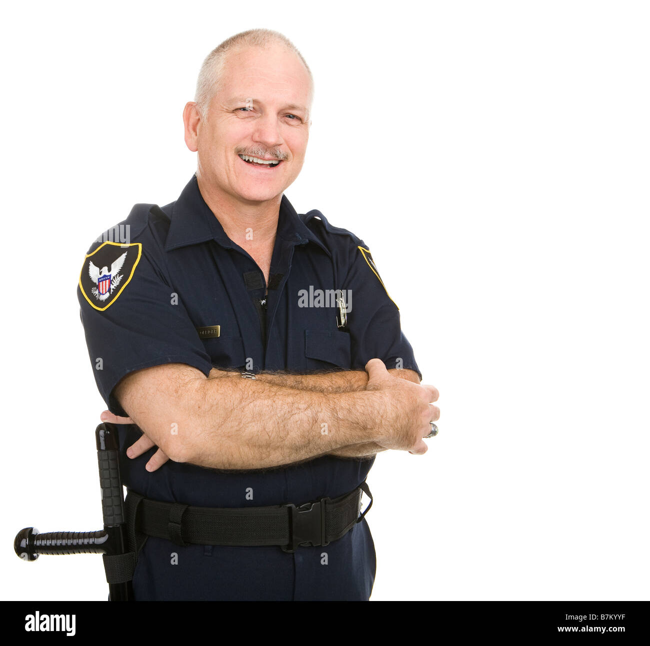 Freundlich lächelnd Polizist Taille Ansicht isoliert auf weiss Stockfoto