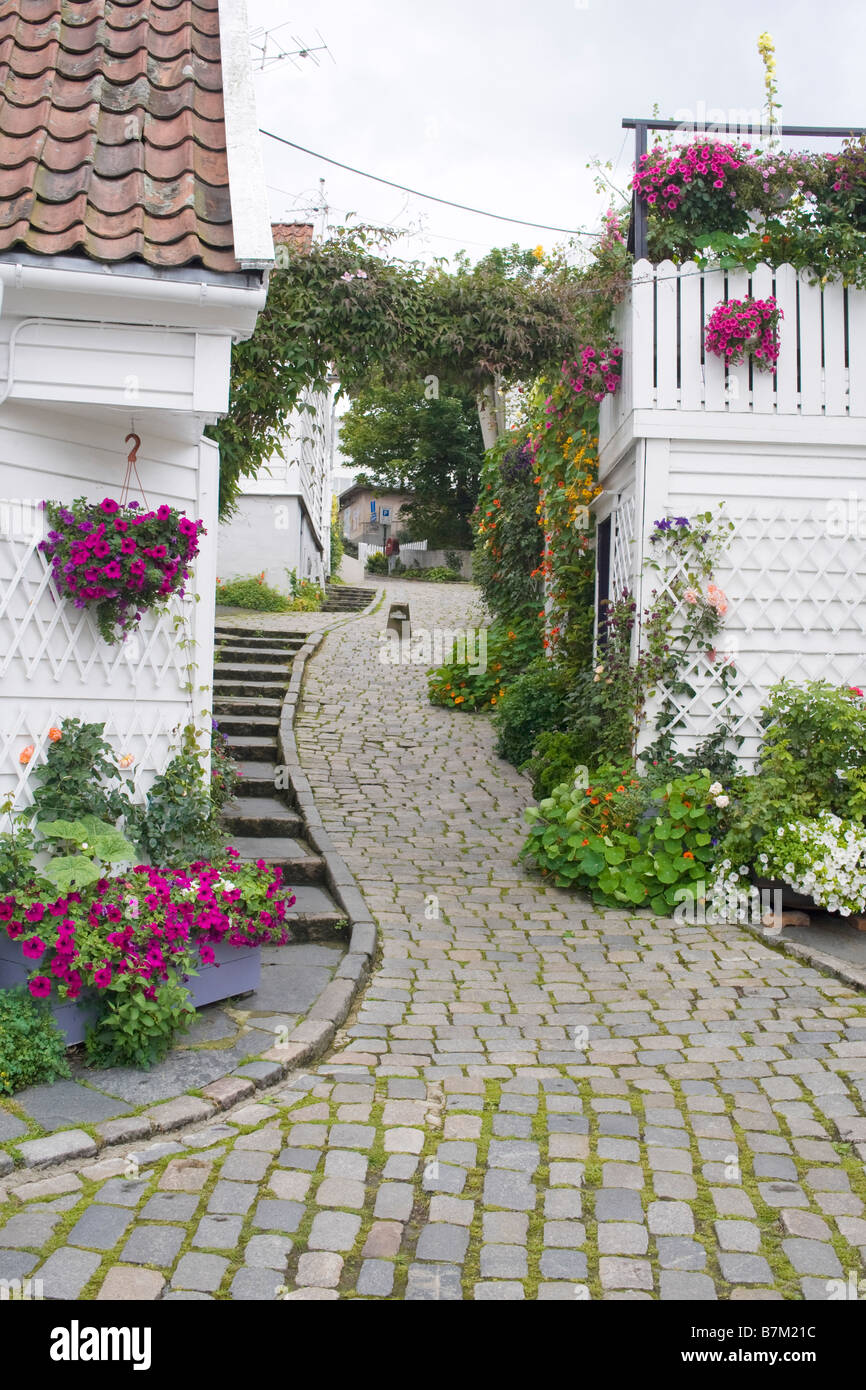 Eine Straße in der Altstadt von Stavanger (Gamle Stavanger), mit aus dem 18. und 19. Jahrhundert Holzbauten. Stockfoto