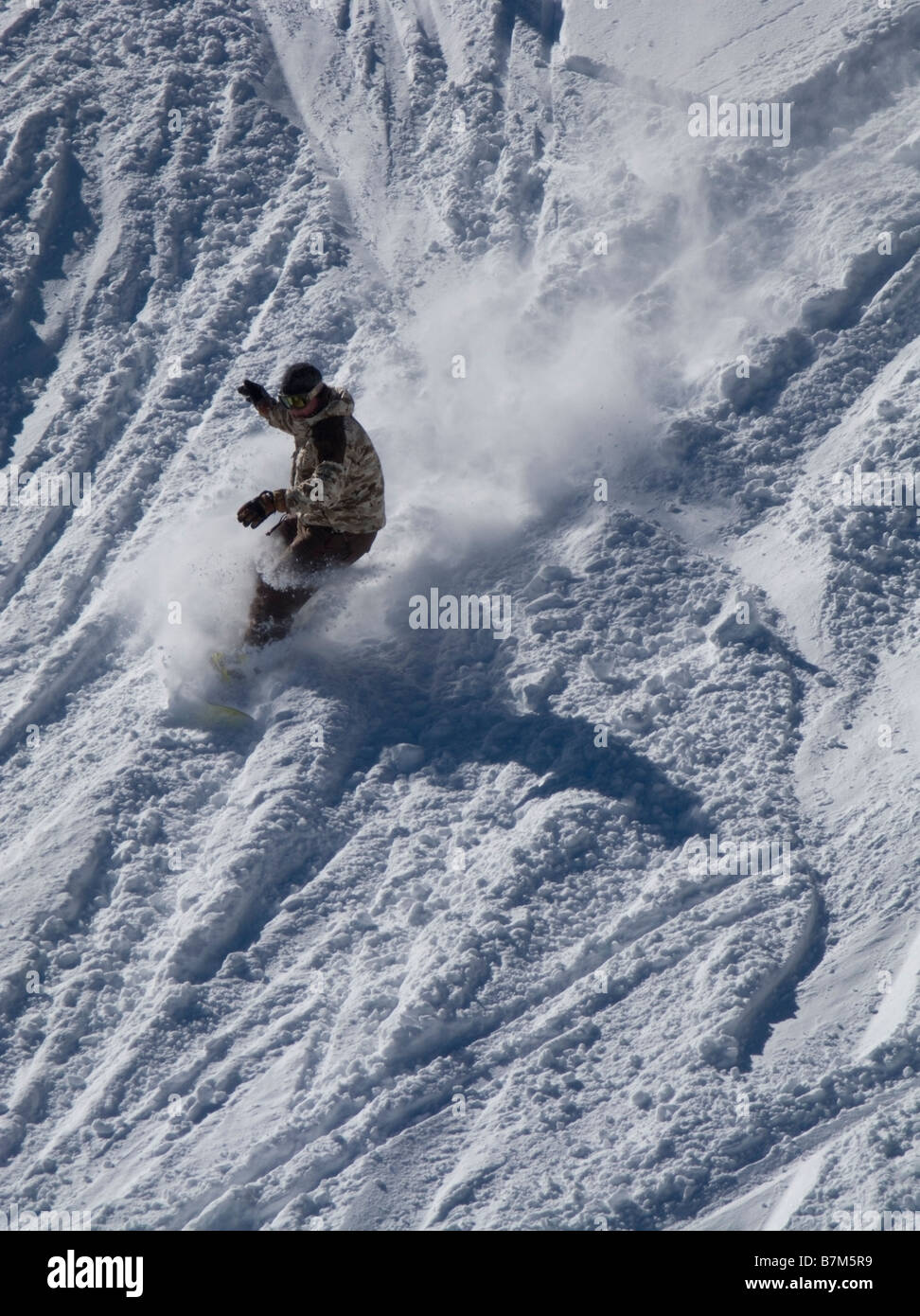 Snowboarder absteigend nach Neuschnee und Sonnenschein Almwiesen im Skigebiet über North Lake Tahoe, CA. Stockfoto