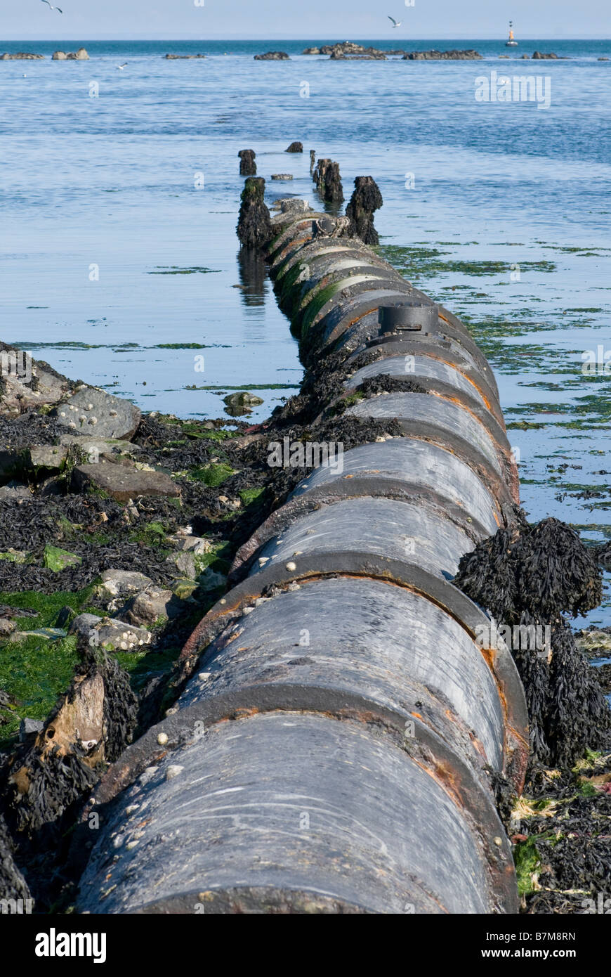 Rohabwasser Outfall Rohr ins Meer und glatt auf dem Wasser durch ungeklärte Abwässer der Entlassung am Rand Wassers verursacht. Stockfoto