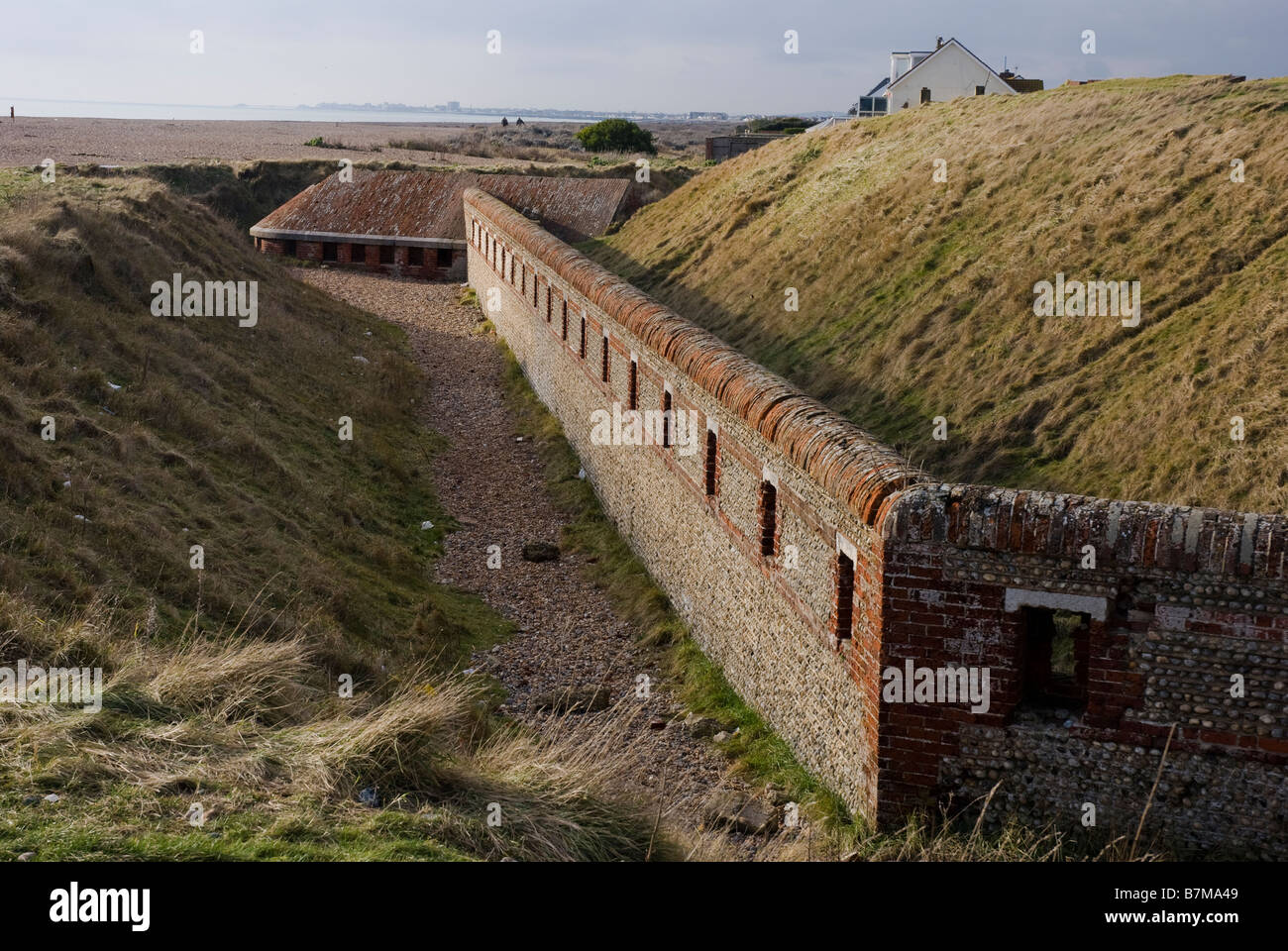 Der Carnot-Wand des Shoreham Fort bei Shoreham Hafen, Sussex. Stockfoto