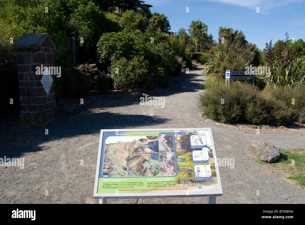 Wanderrouten Stadtplan, Victoria Park, Port Hills, Christchurch, Canterbury, Neuseeland Stockfoto
