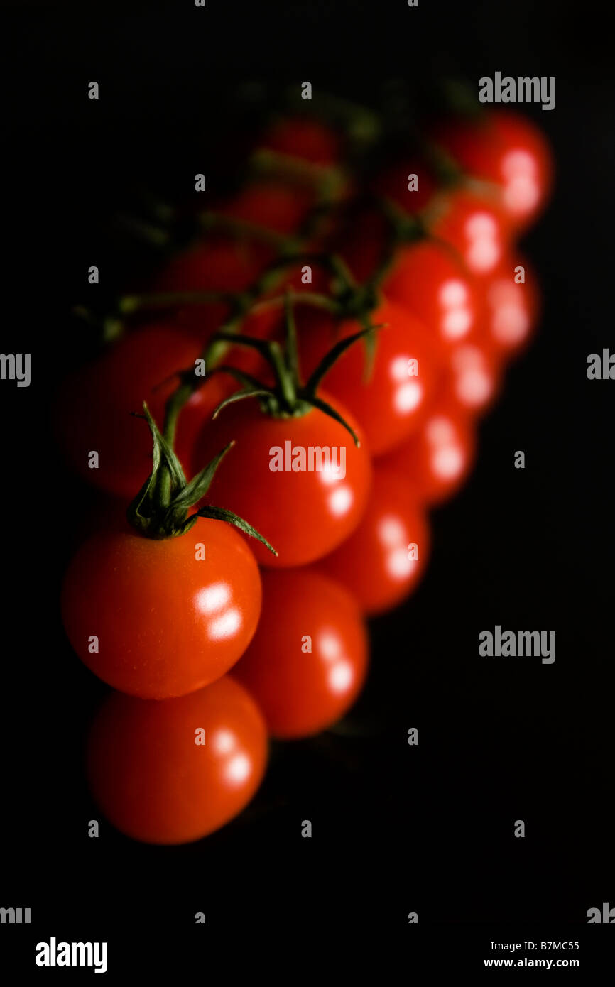 Reflexion einer Linie von Cherry-Tomaten auf einem Stiel Stockfoto