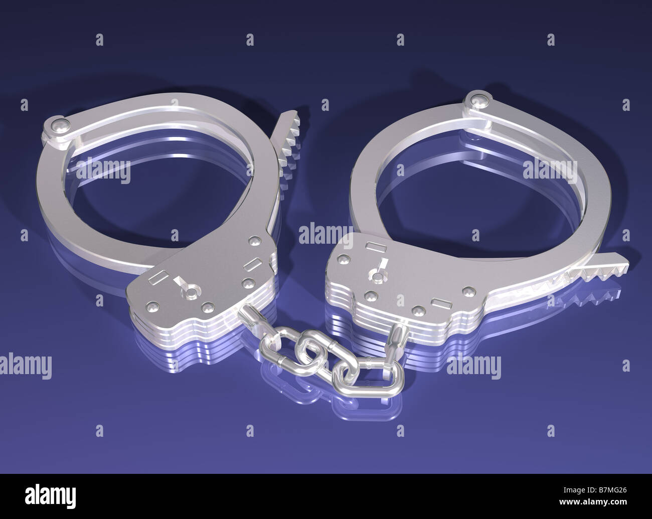 Illustration des silbernen Handschellen auf blauem Hintergrund Stockfoto