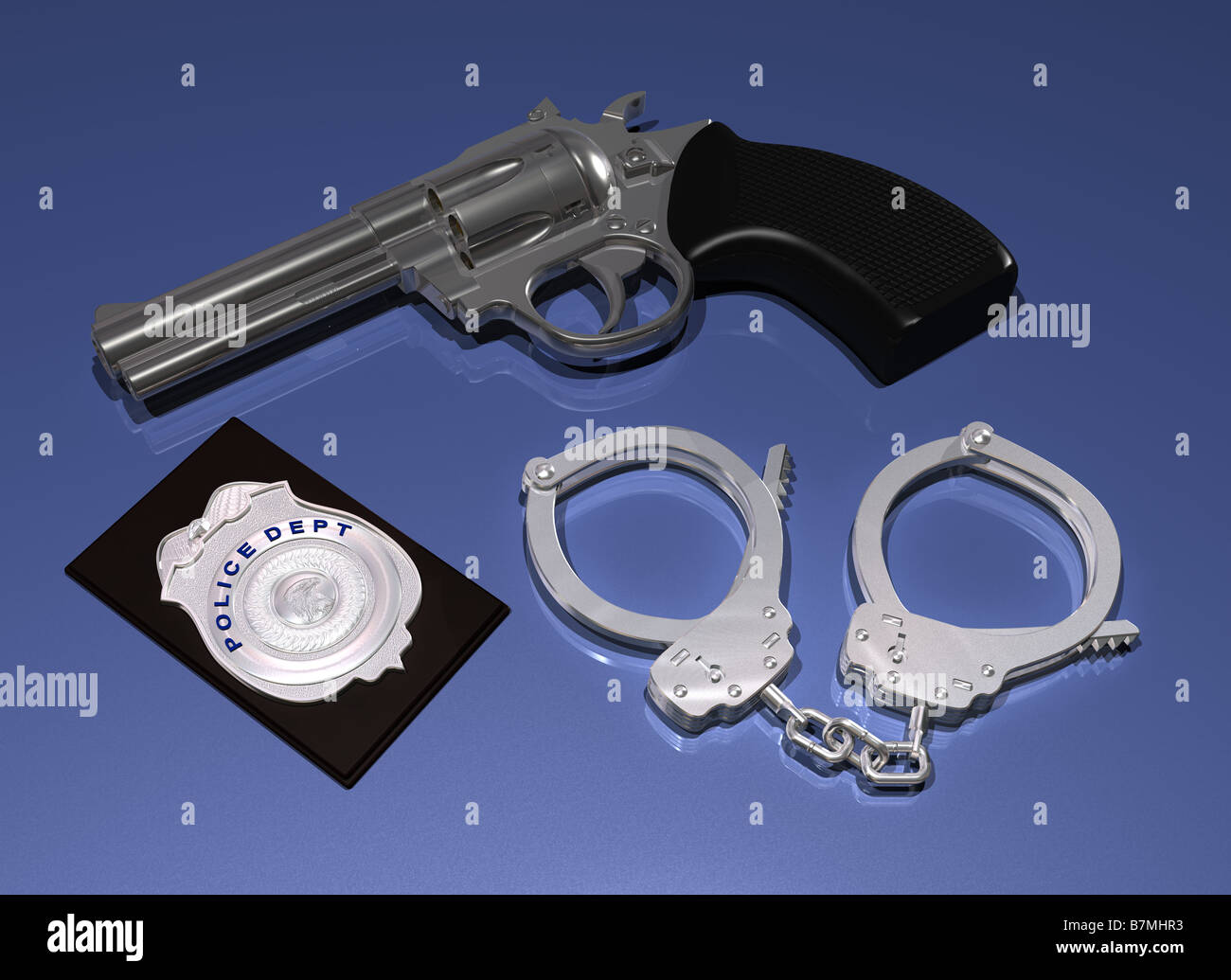 Abbildung einer Pistole Polizeimarke und Handschellen auf blauem Hintergrund Stockfoto