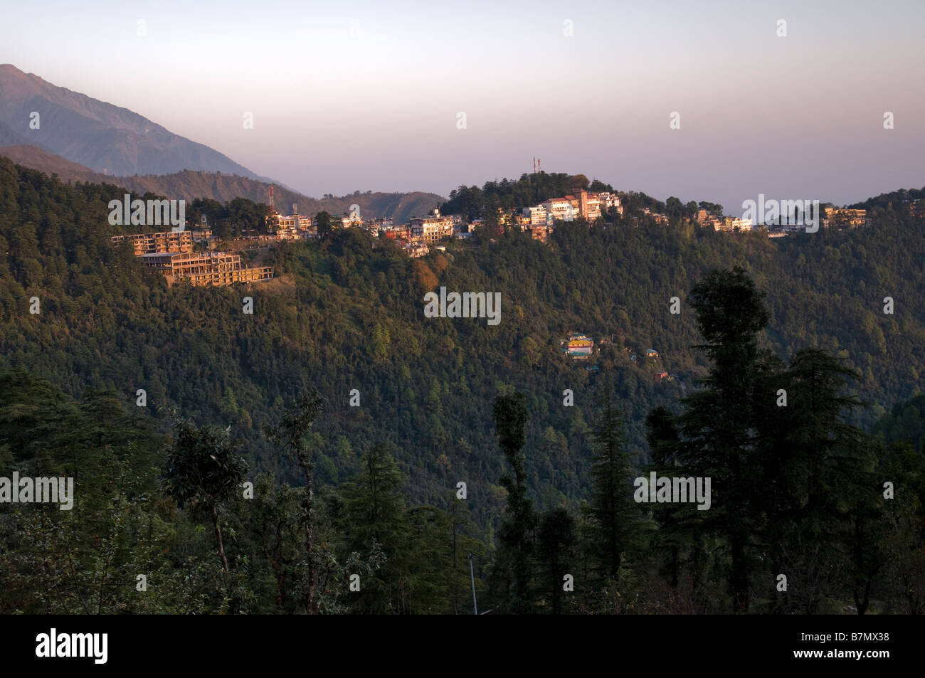 MacLeodganj in den Ausläufern des Himalaya von Naddi. Dharamsala. Himachal Pradesh. Indien. Stockfoto