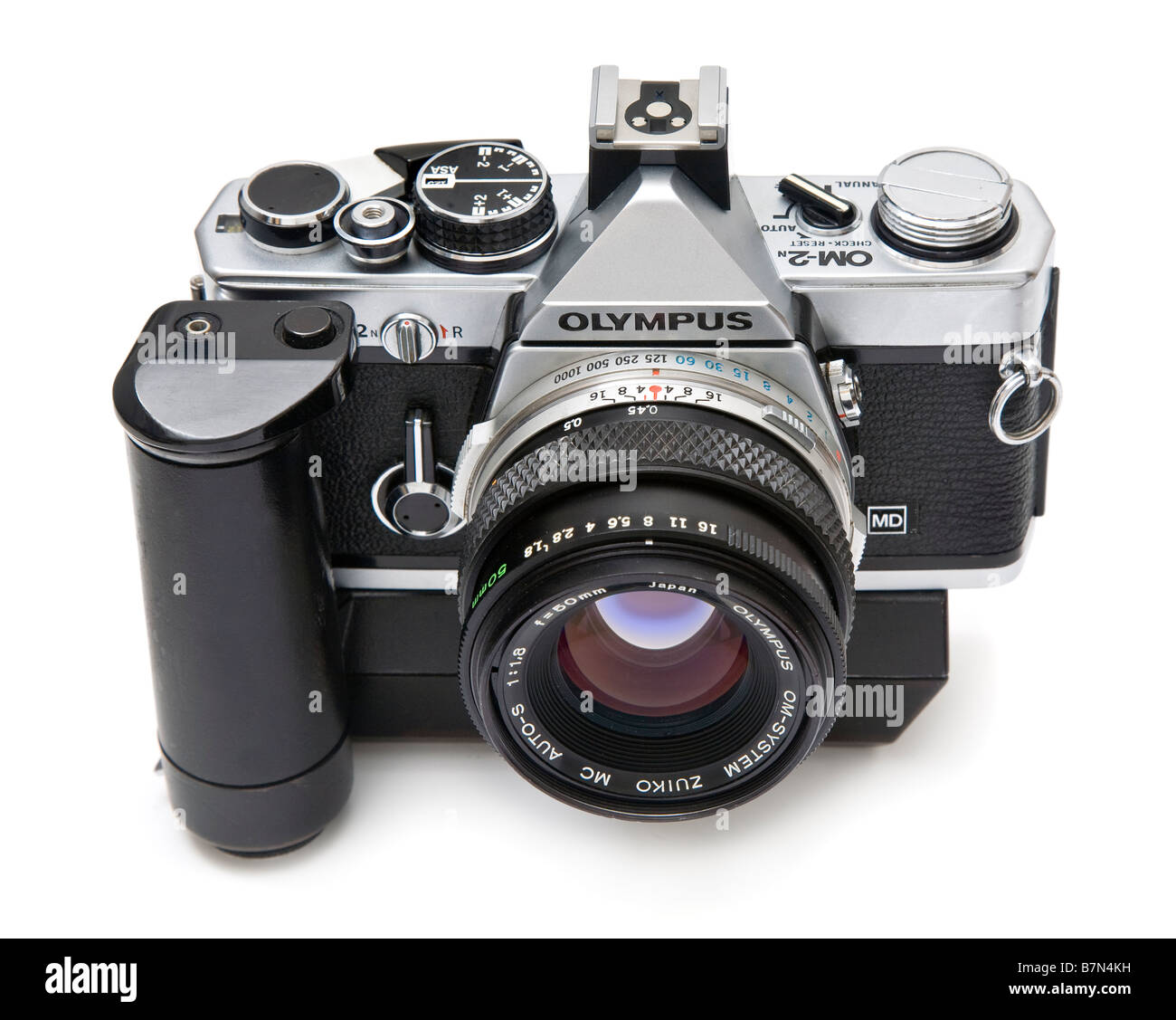 Olympus OM2n single Lens reflex 35mm-Kamera mit 50mm f1 8 Zuiko Objektiv und Motorantrieb Wickler Stockfoto