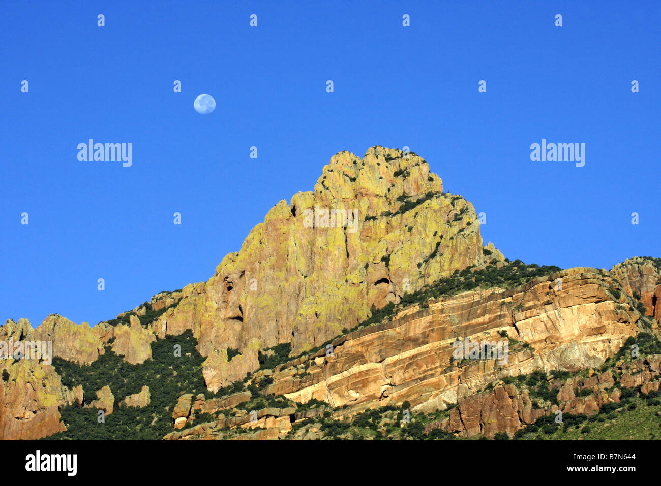 Chiricahua Bergen ARIZONA USA 19 August Moon over Flechten bedeckt Felsenspitze Stockfoto
