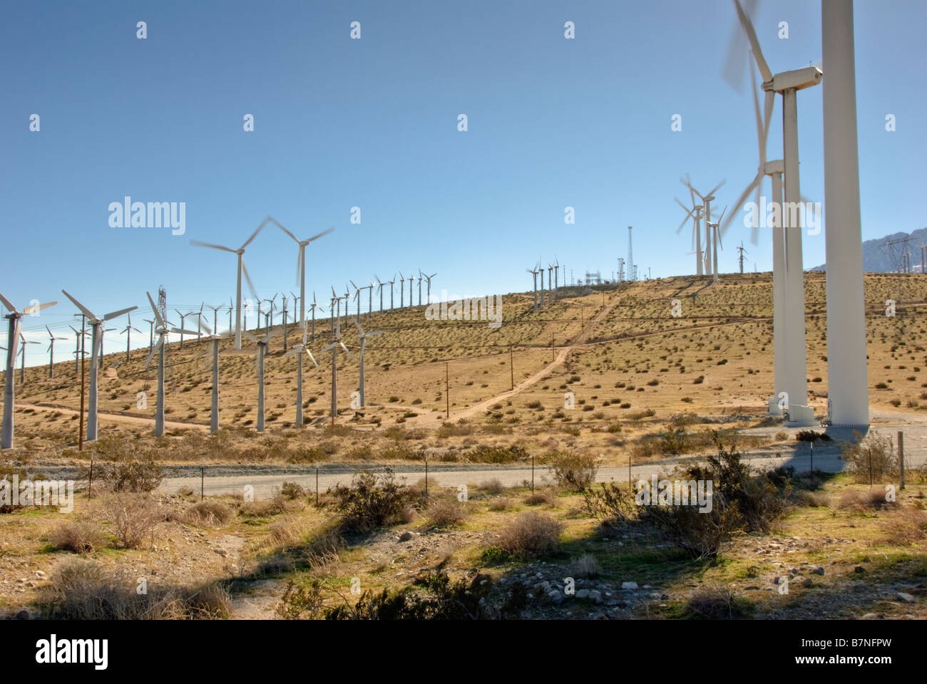 Wind Farm, Turbinen, North Palm Springs, CA, San Gorgonio Pass, Coachella Valley, Turbine Windpark, Umzug Stockfoto
