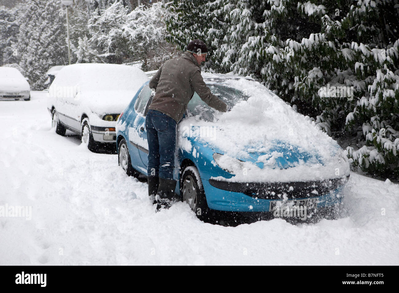 Ein Mann reinigt Schnee aus seinem Auto in Muswell Hill North London am 2. Februar 2009 Stockfoto