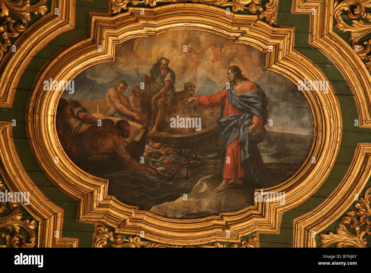 Jesus Christus ruft seinen ersten Apostel St. Andrew. Gemälde an der Decke des Doms in Kampanien, Italien Amalfi. Stockfoto