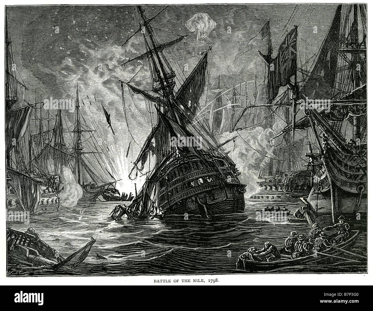 Schlacht Nil 1798 Schlacht Schiff Flotte Meer Wasser Segeln Segeln Kanone Kanonen Explosion Fahnen Deck Mast versenkt sinkende Krieg Tod Stockfoto