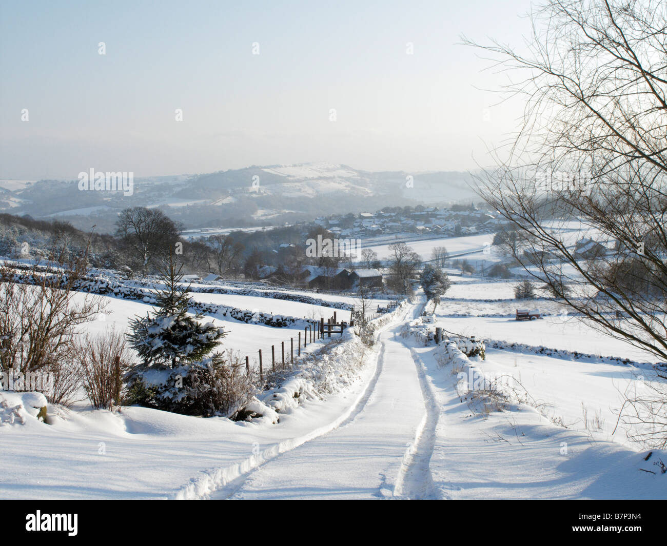 Landschaft bei Wilshaw in der Nähe von Holmfirth während der Februar 2009 Schneefälle, West Yorkshire, England, Vereinigtes Königreich Stockfoto