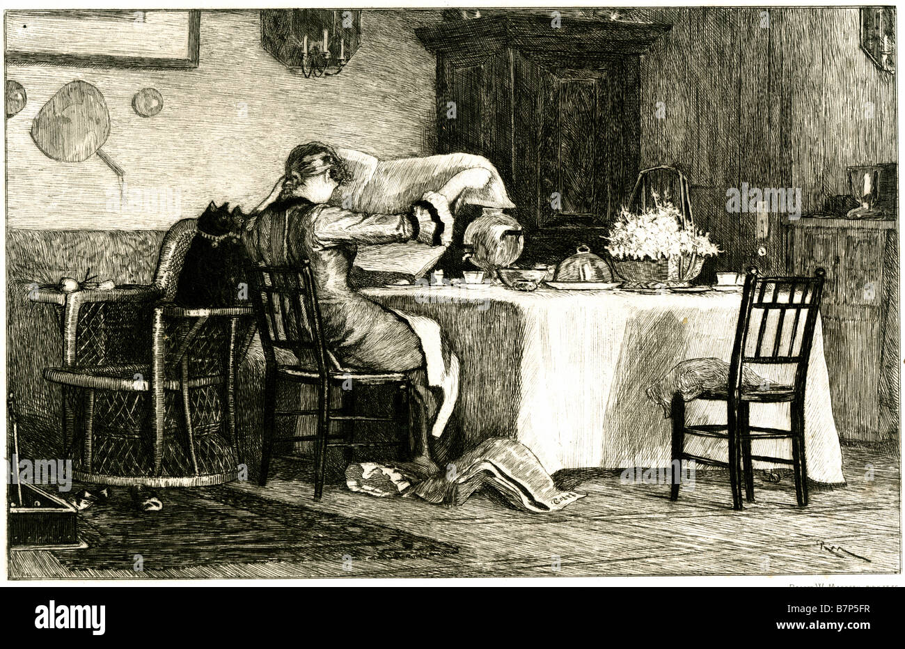 Esszimmerstuhl und Las Zeitung Tabelle Katzen Kerze Mädchen im Haus lebenden Abendessen essen Frühstück-Mittagessen-Tee Stockfoto