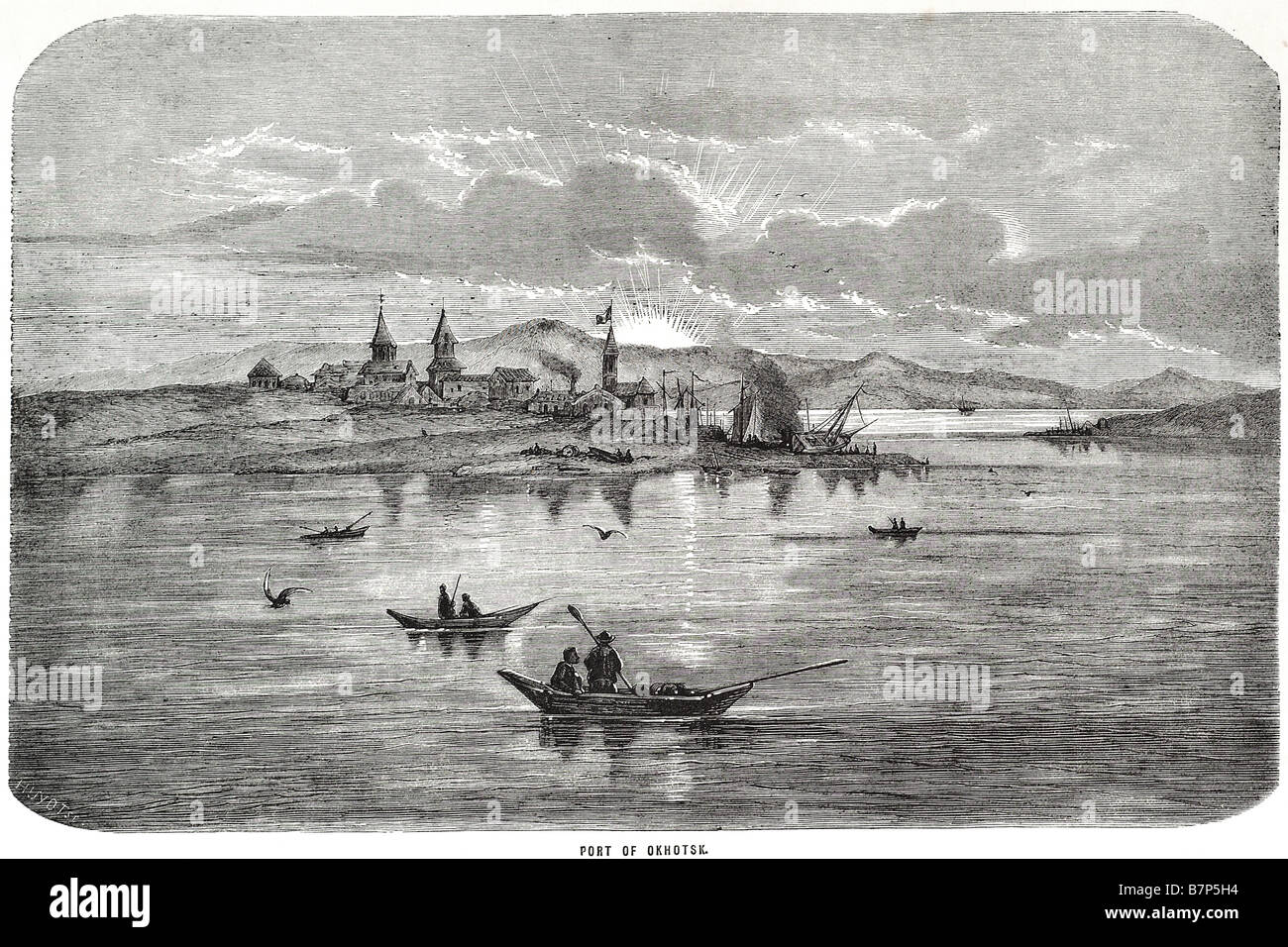 Port von Okhotsk Khabarovsk Krai Russland Siedlung städtischen Typs Seehafen Angeln Segelboot Flut Küste Stadt Dorf Pacific Coast Stockfoto