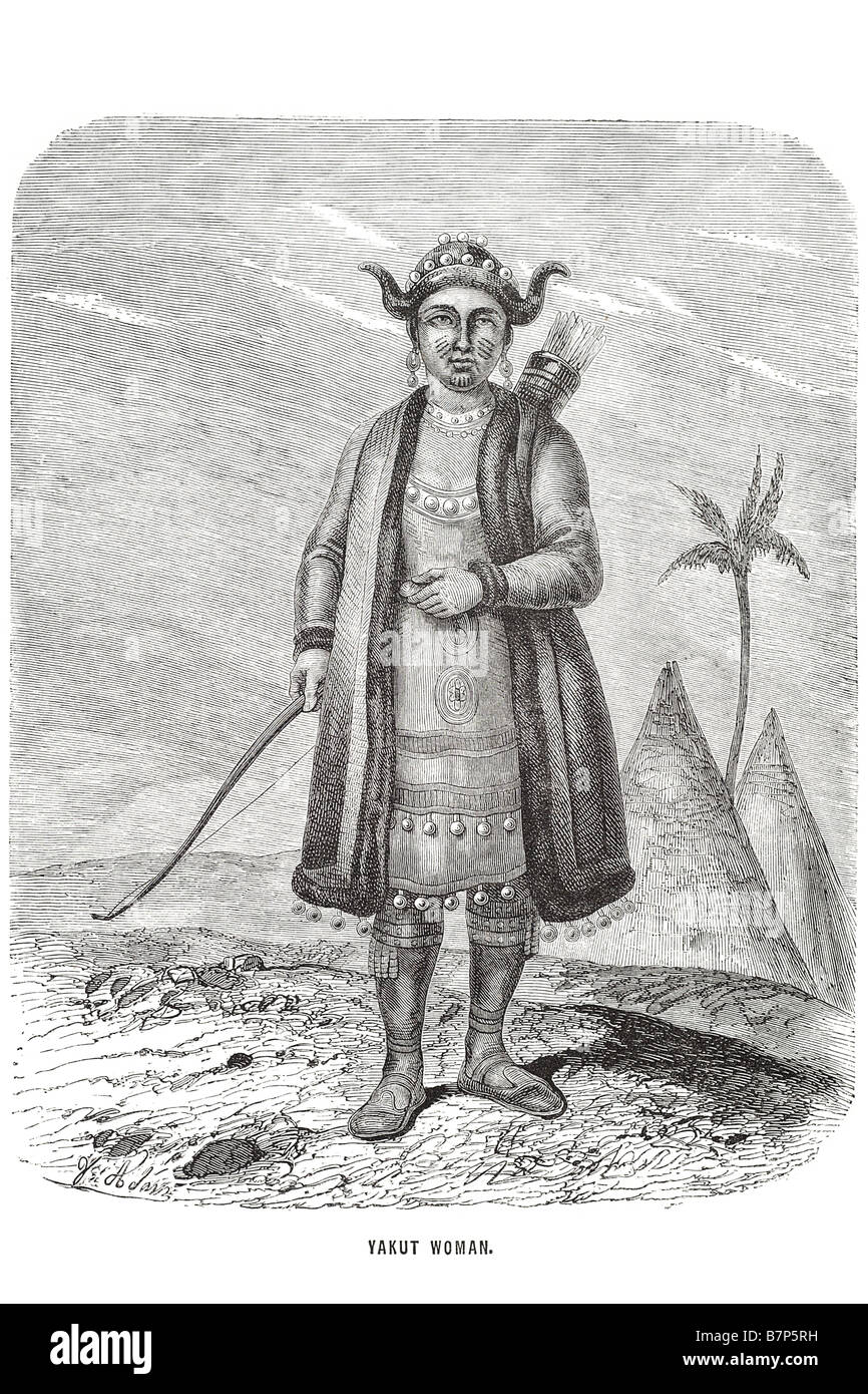 jakutische Frau Bogen Pfeil traditionellen Schmuck Geschmack Tuch Material Schuhe Hüte Stil Stich TP Hütte Jakuten, Selbstbezeichnung: Sacha, eine Stockfoto
