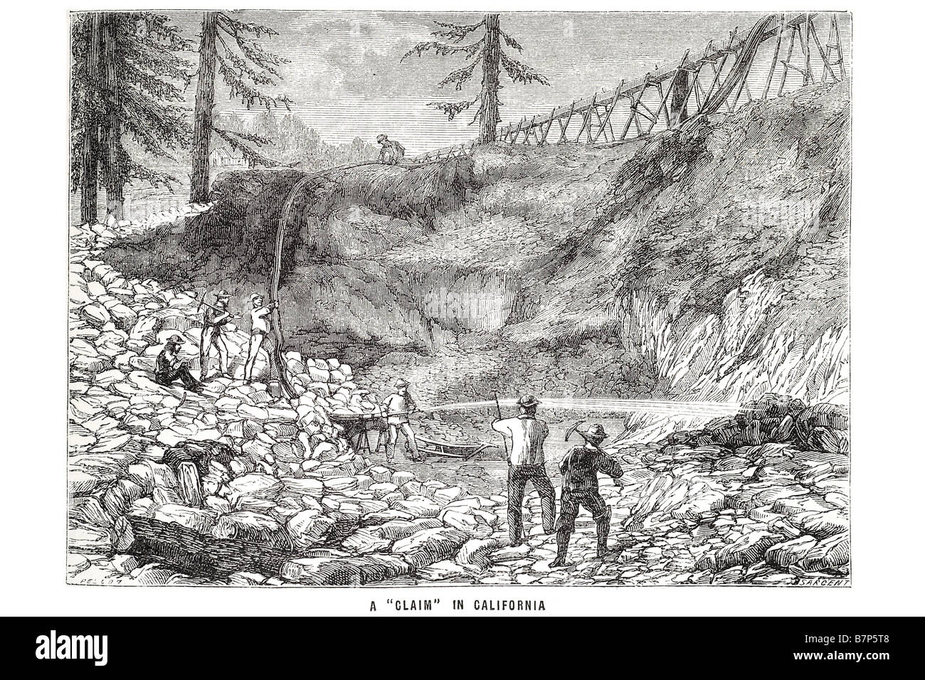 behaupten Sie, dass California Goldrausches 1849 Bergbau Anspruch Extrakt mineralischen öffentlichen Flächen Schlauch Aqua Rohr Rohr waschen Männer Arbeit sauber Refin Arbeits- Stockfoto