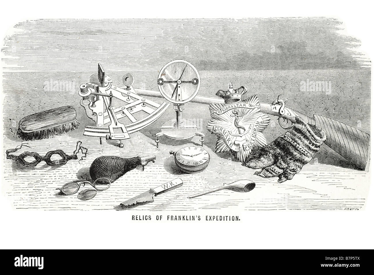 Reliquien Franklins Expedition Sir John Franklin Ornamente Utensilien Navigation Waffe Gewehr Messer Rohr Uhr Brille Pulver Stockfoto