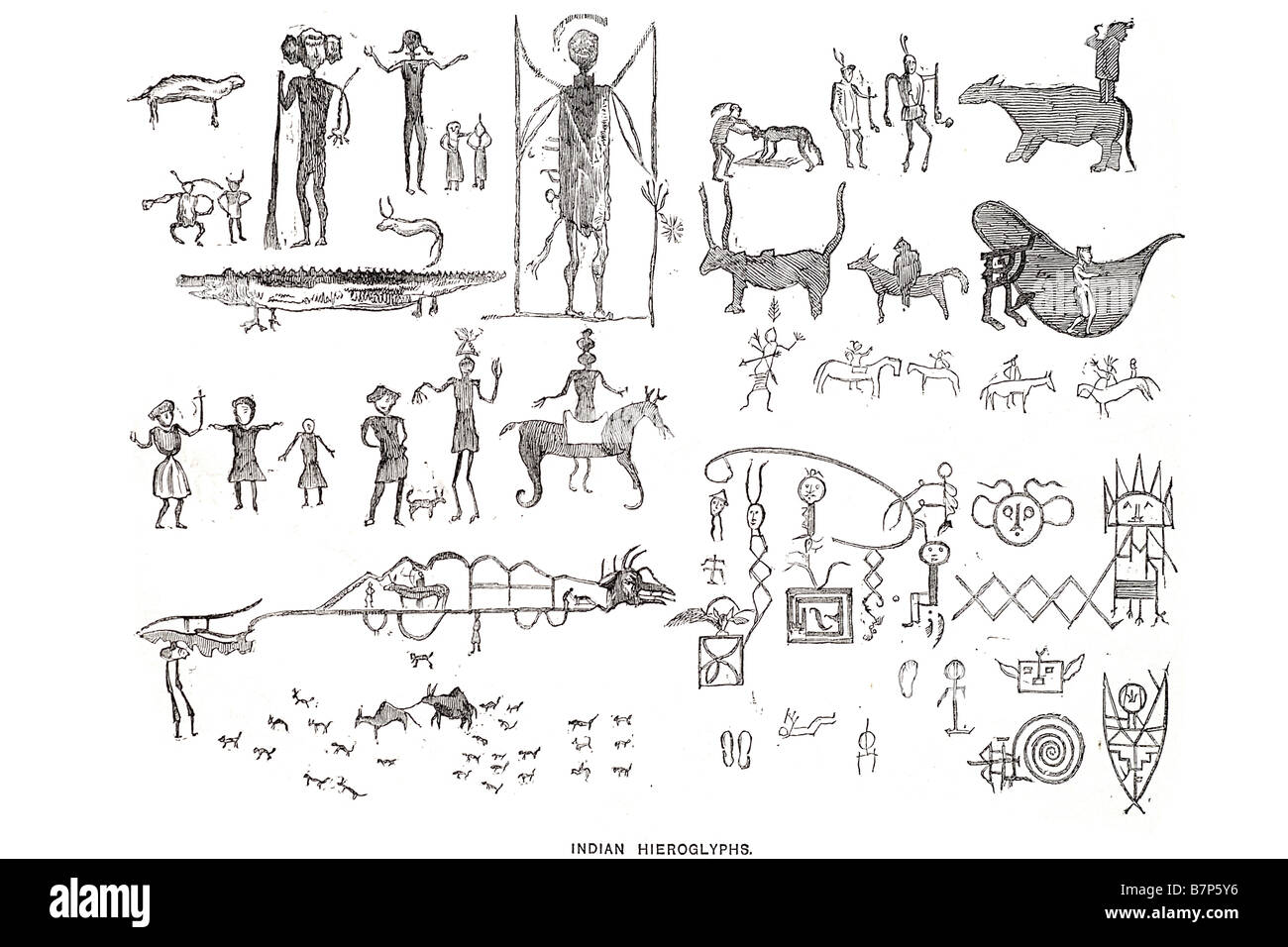indische Hieroglyths Sprache Wörter Übersetzung Tradition alten Pferd Aktion Zeichnung Tiere Mann Frau Kind Handel Jagd Reitens Stockfoto
