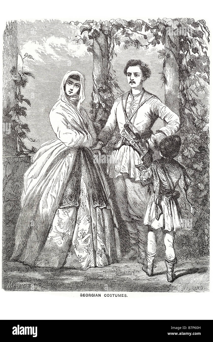 georgische Kostüme Trachten Gentleman Dame Kind Kleid Anzug Messer Dolch Reben klassische Aristokratie die Begriff Kostüm ca Stockfoto