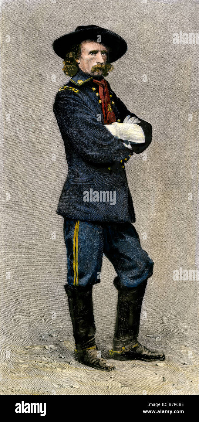 Major General George Armstrong Custer. Hand - farbige Holzschnitt eines Matthew Brady Foto Stockfoto
