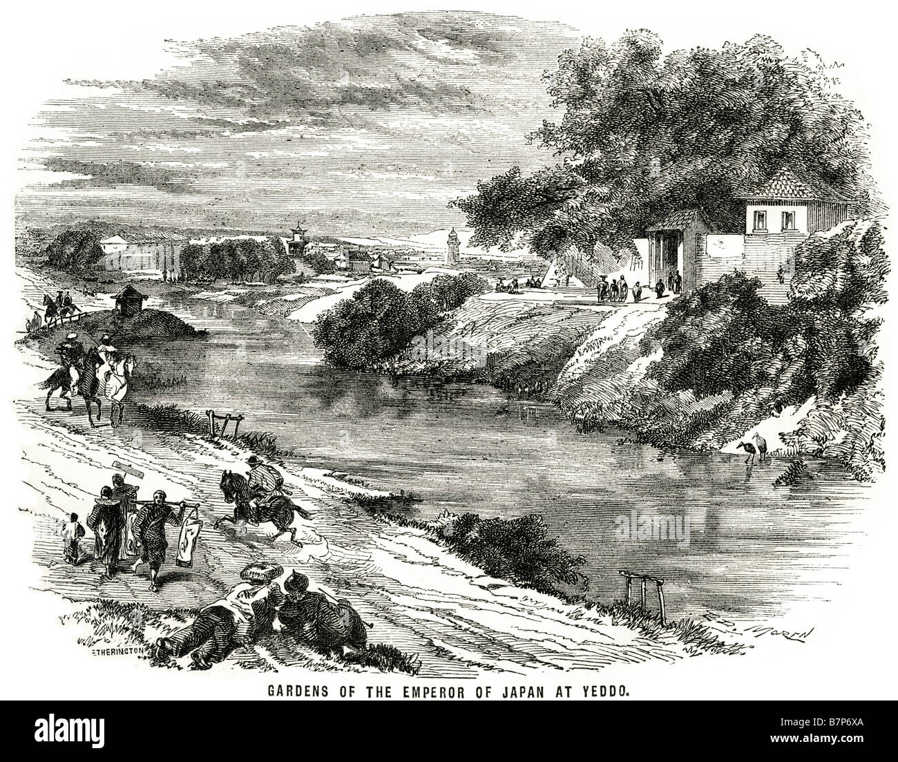 Garten Kaiser Japan Yeddo Palast Fluss Brücke See Menschen Ufer Bank-Bäume, die Edo auch romanisierten wie Yedo oder Yeddo, ist die ehemalige n Stockfoto