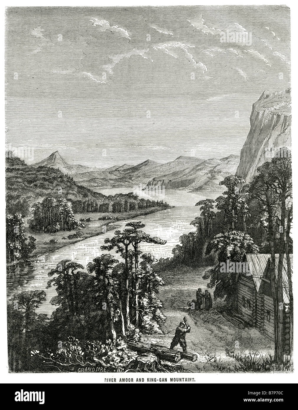 Fluss Amoor King-Gan-Gebirge Fluss Ufer Tal Berge lodge Holzfäller Wald Wald Landschaft Blick Klippe Bank der Amur Ri Stockfoto