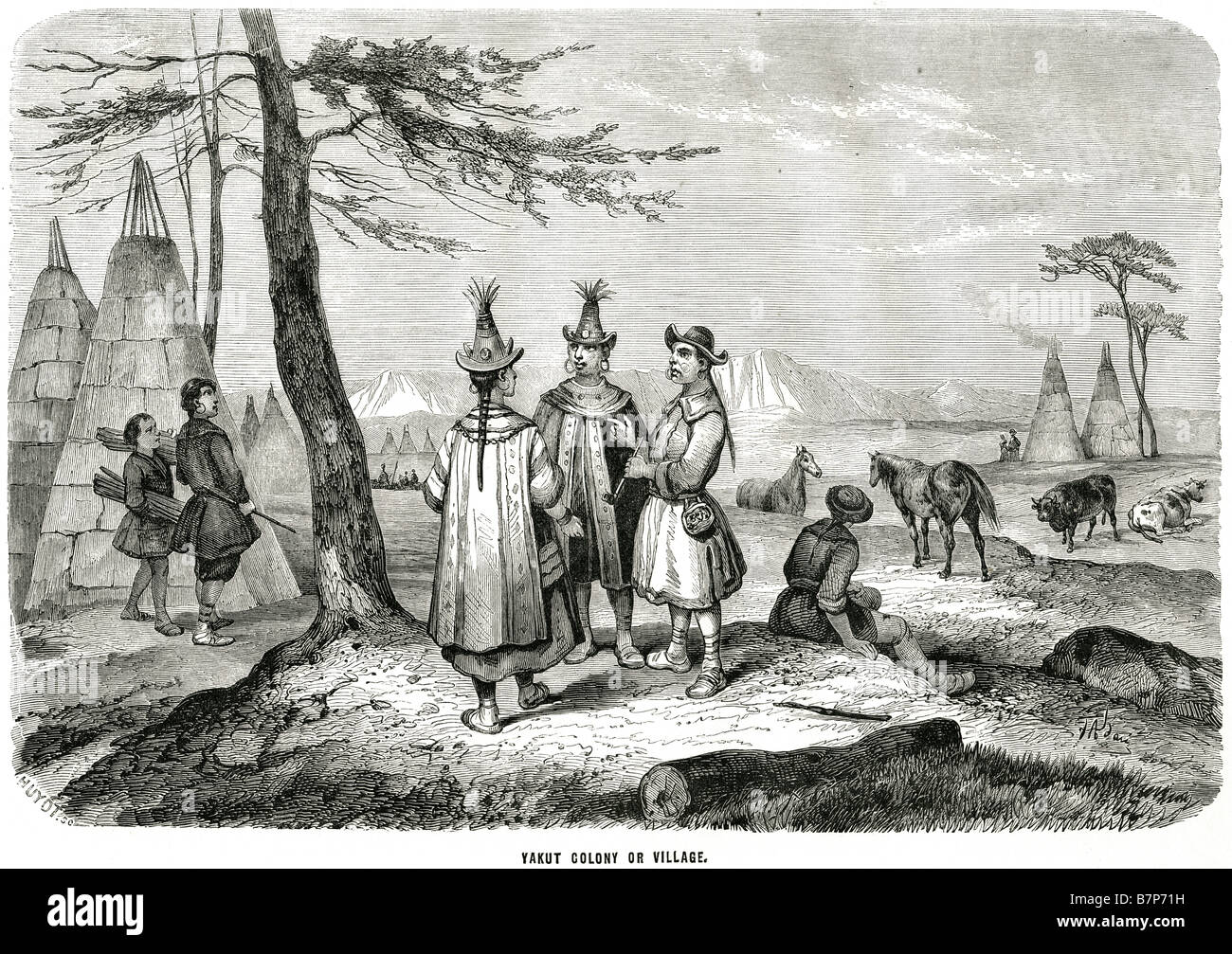 Yakut Kolonie Dorf Stamm Tipi Zelt Nomadenvolk Jakuten, Selbstbezeichnung: Sacha, sind ein Turkvolk, verbunden mit der Stockfoto