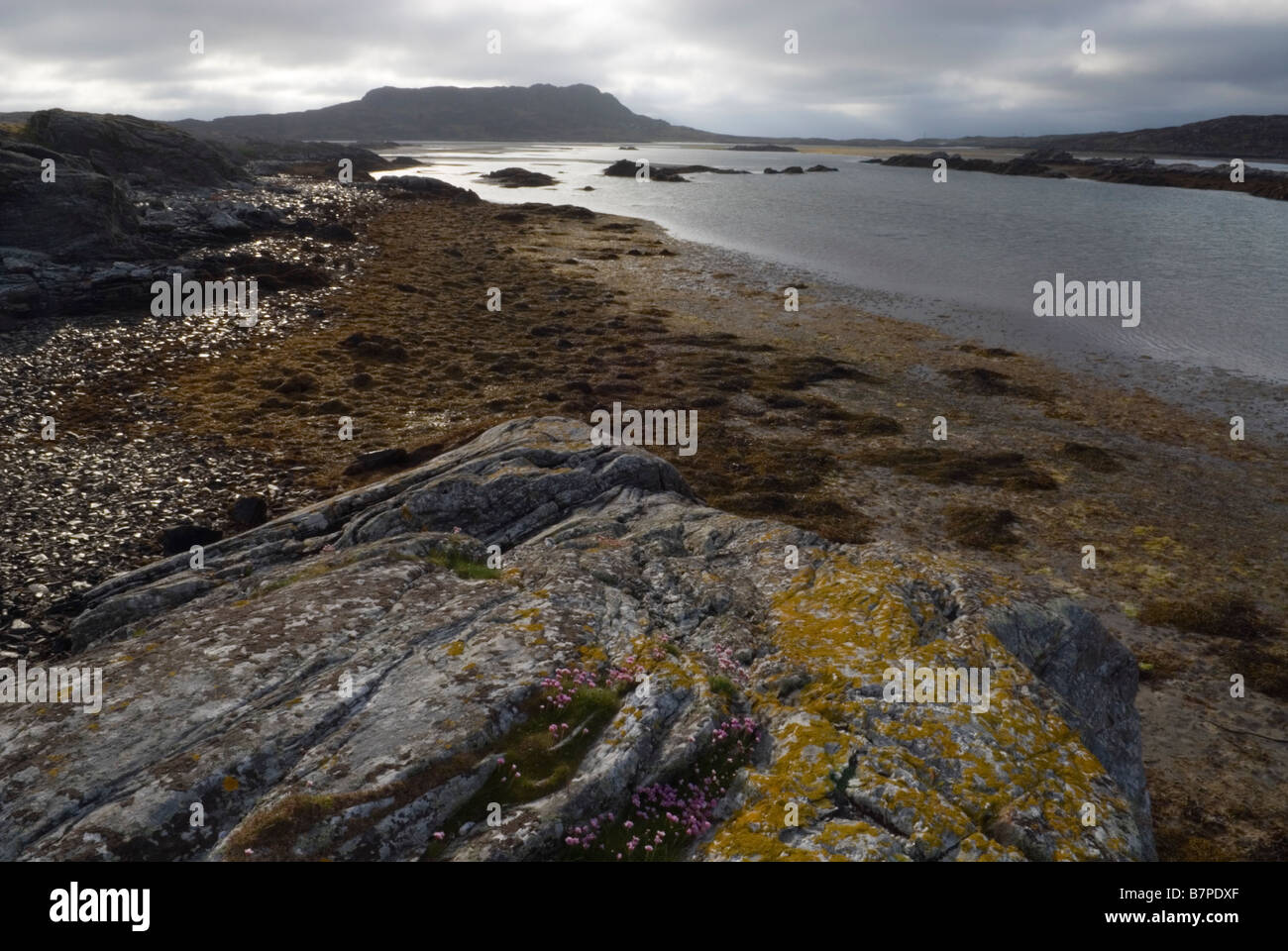Der Strang Beitritt der Insel Colonsay an der Insel Oronsay bei niedrigem Wasserstand, Argyll and Bute, Scotland, Juni Stockfoto