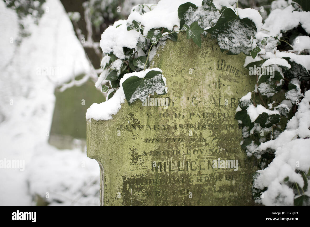 Grabstein in Nunhead Friedhof unter Schnee Stockfoto