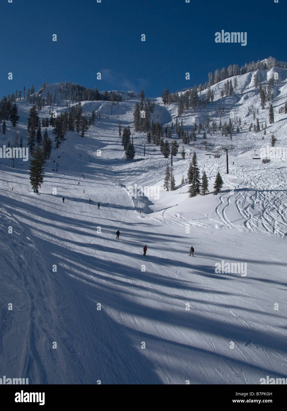 Skifahrer auf 'Nick' Flucht am unteren Rand der Gipfel sechs Sesselbahn auf Almwiesen Skigebiet über North Lake Tahoe, CA. Stockfoto