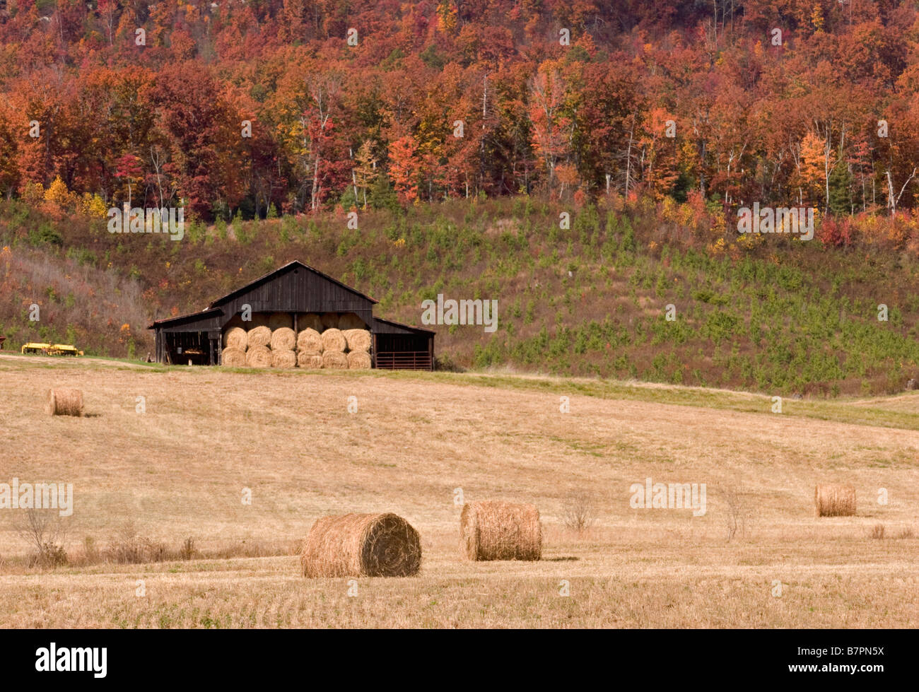Alte Scheune und Heuballen in Spring City Tennessee Stockfoto
