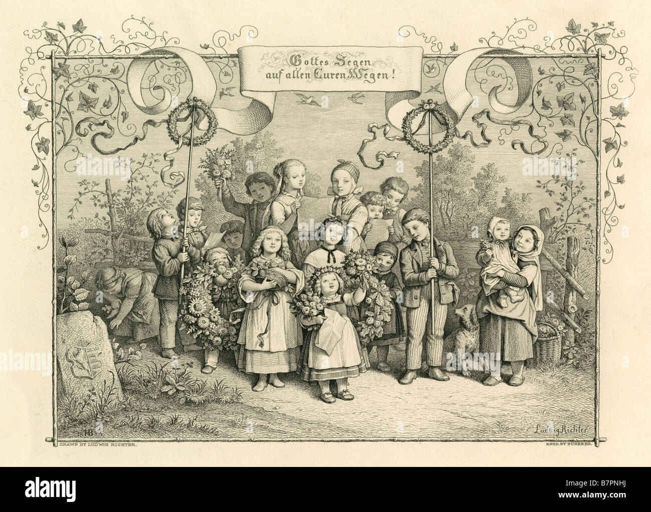 Ca. 1870 s Stahlstich: "ein Lied von willkommen," von Adrian, gezogen von J Burkner graviert. Stockfoto