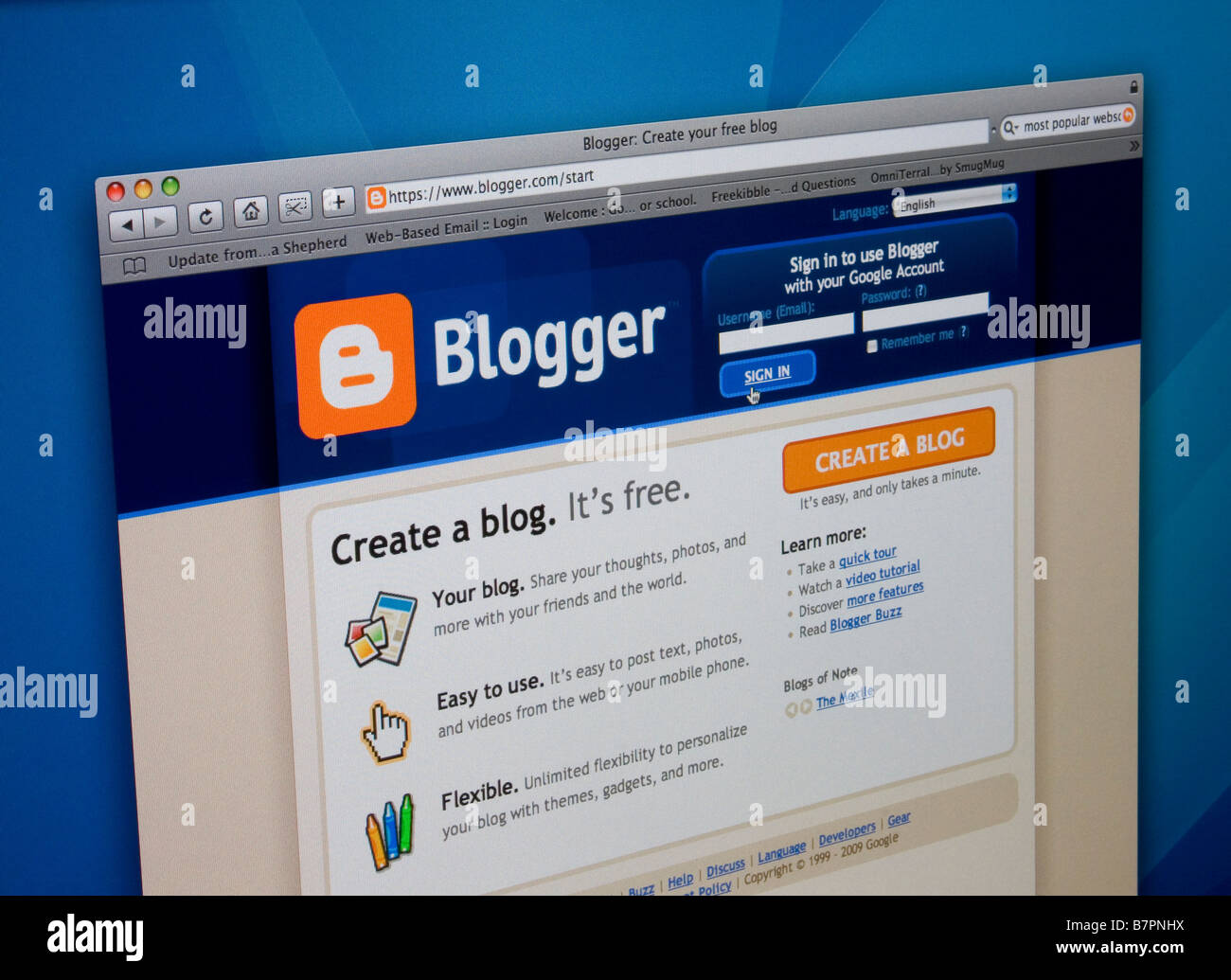 Blogger Homepage angezeigt auf dem Bildschirm angezeigt. Stockfoto
