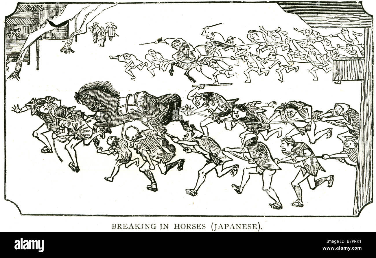 Breaking Pferde japanischen Japan Männer Japan führen Krieg Pferdeausbildung Hengst Pferde ziehen Stockfoto