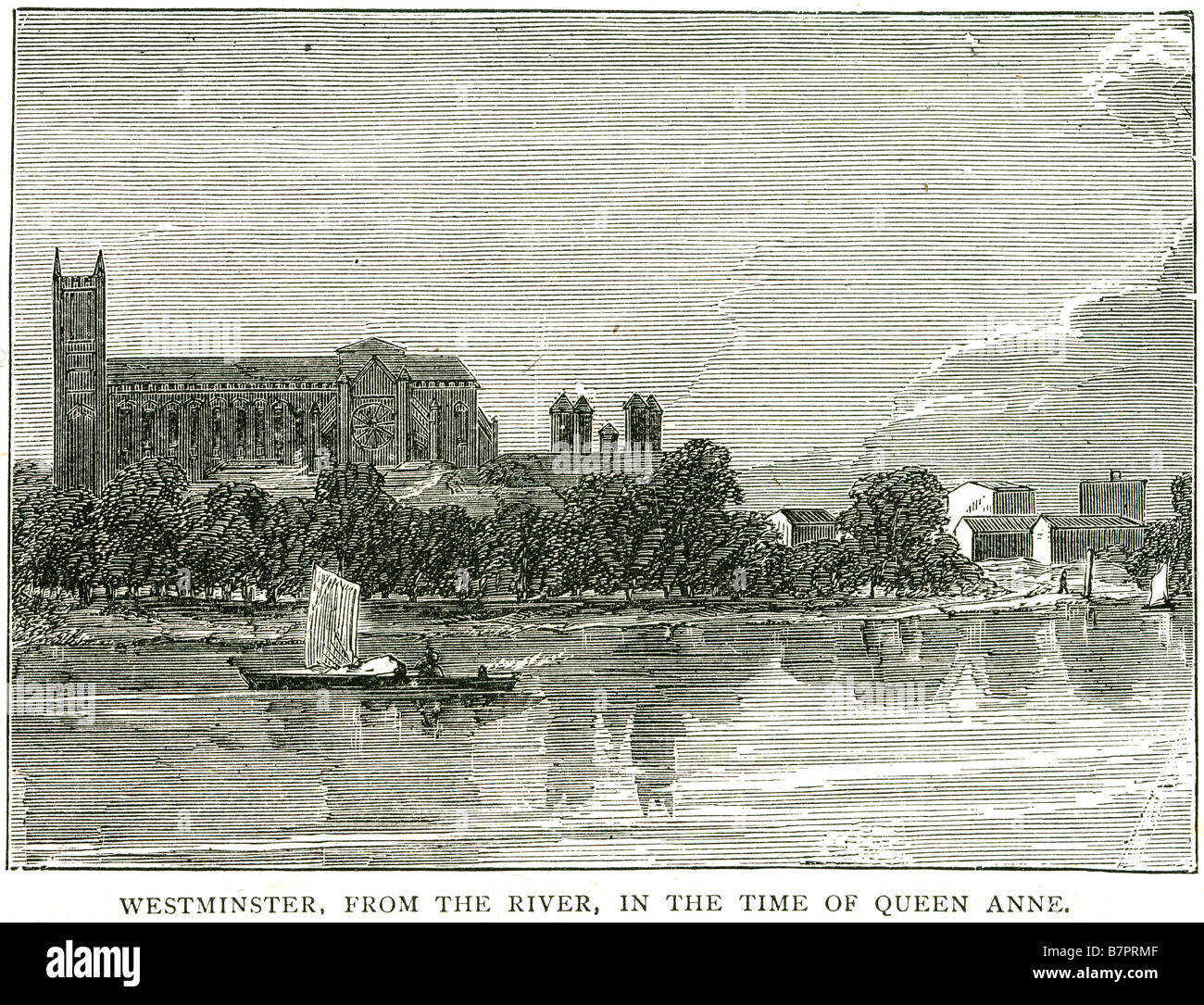 Westminster River Queen Anne Ansicht Bank Seite Landkirche Abby Boot segeln London England UK GB Großbritannien Westminster ist ein Stockfoto