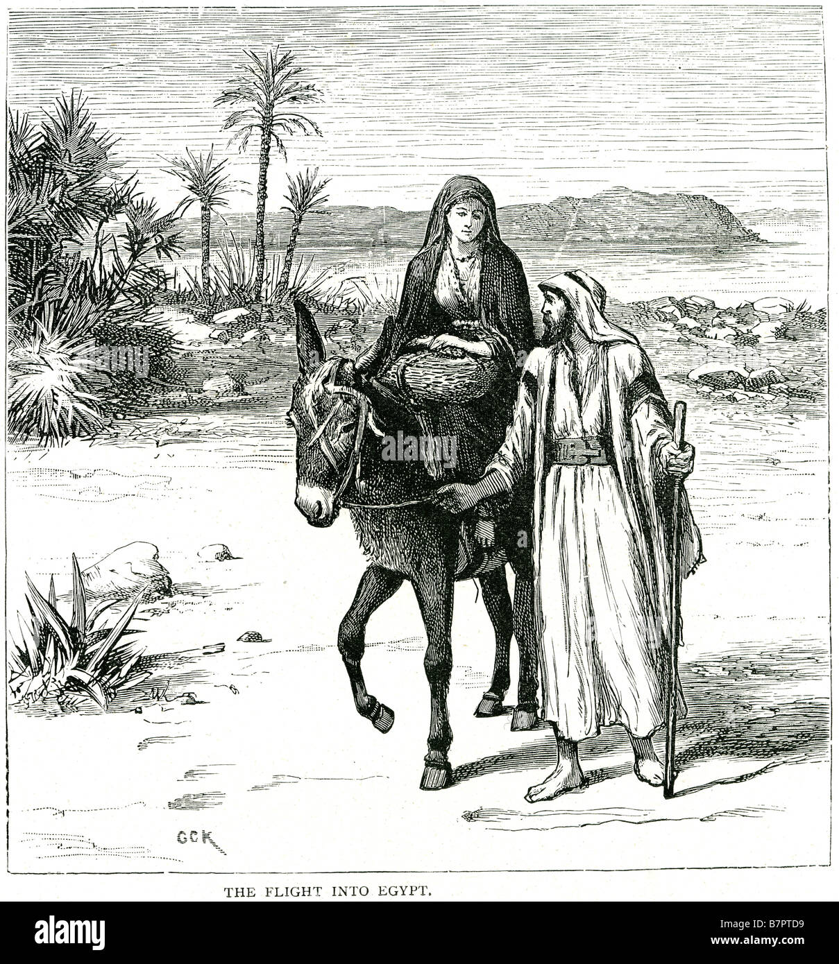 Flug Ägypten St. Mathew II 14 Desert Palms Esel Ritt Gott Jesus Bibel Heilige Testament alt neue Christ Christen Christentum Stockfoto