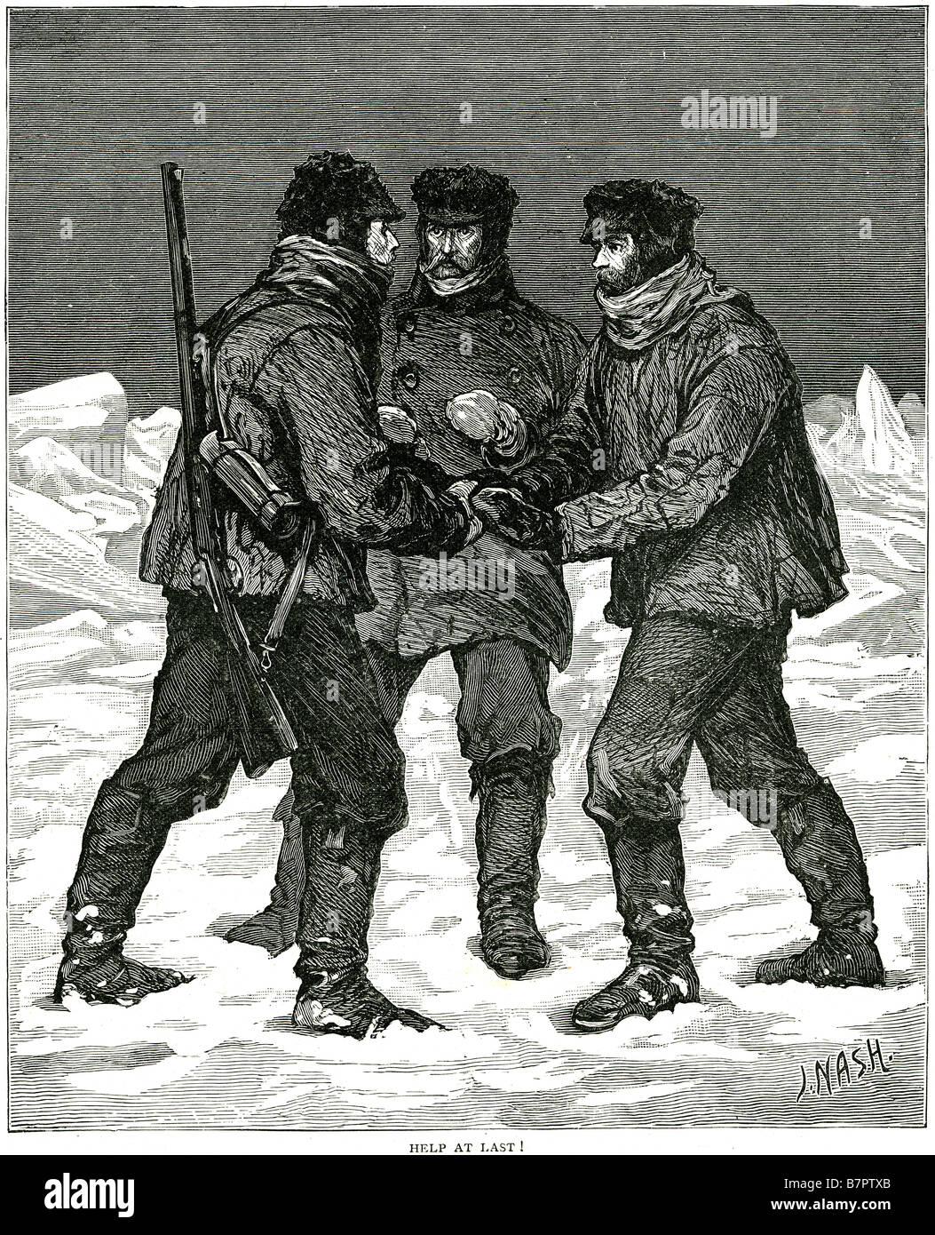 helfen Sie Männern Schnee Winter arktische Kälte Soldaten Explorer Menschen Abenteurer überleben Rettung Gewehr Kleidung traditionelle extreme Wea Eis Stockfoto