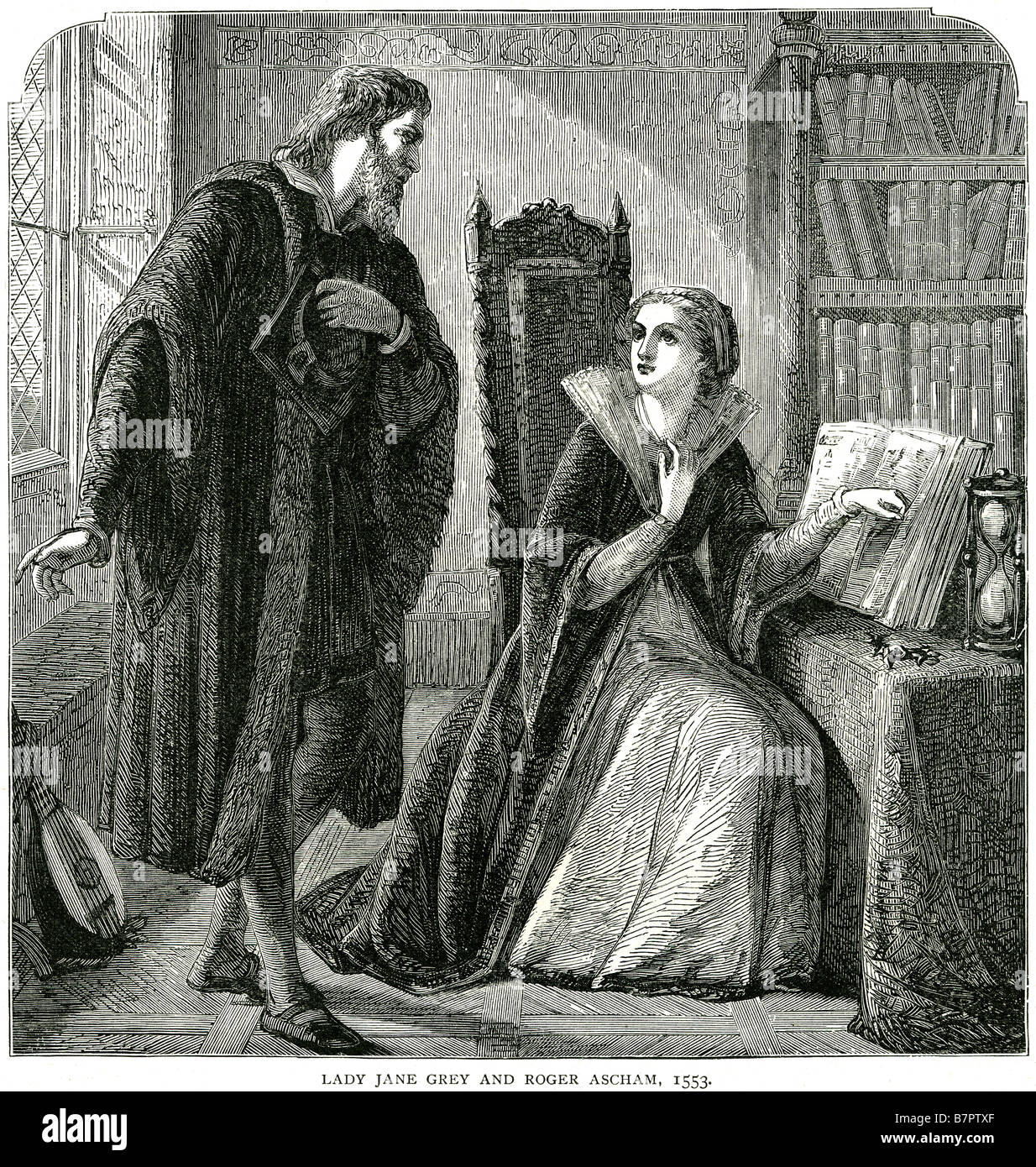 Lady Jane Grey und roger Ascham 1553 Lady Jane Grey (1536/1537 – 12 Februar 1554), auch bekannt als Königin Jane von England, war ein c Stockfoto