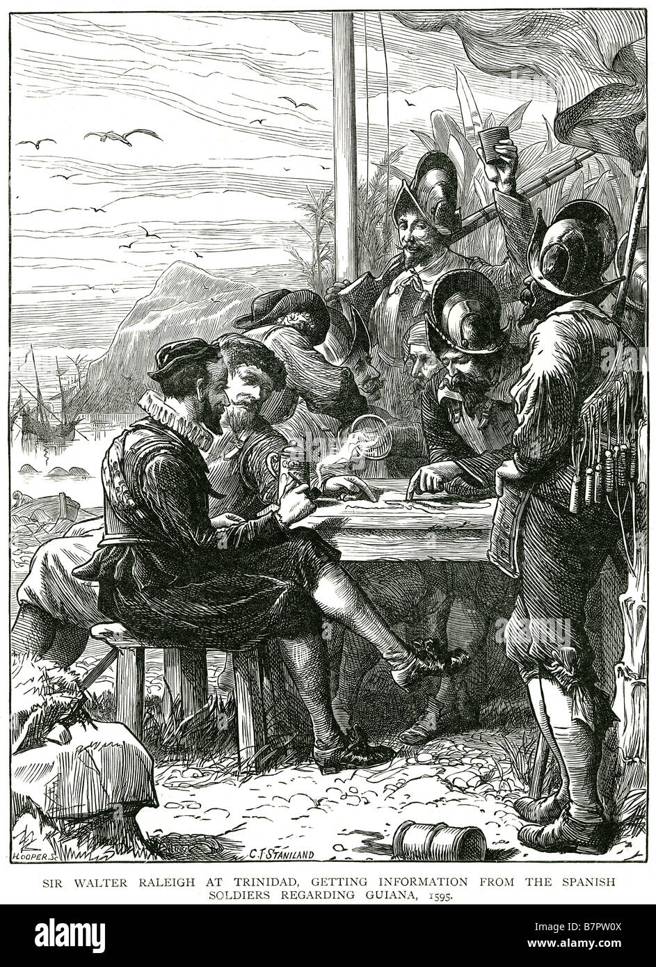 Sir Walter Raleigh in Trinidad Abrufen von Informationen aus dem spanischen Soilder reguarding Guiana 1595 Sir Walter Raleigh oder Ralegh Stockfoto